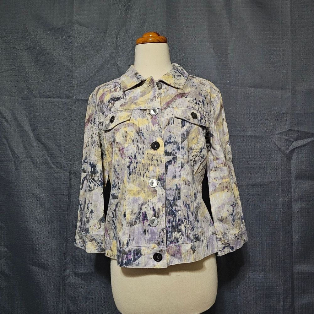 Chico's Abstract Print Linen Blend Button-Down Jacket, Size 0 (US S)